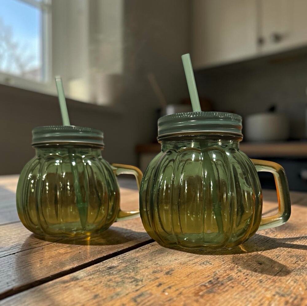 Set of 2 Green Glass Mason Drinking Jars with Handles, Lids & Straws Vintage